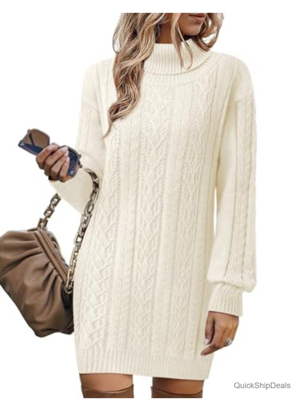 Women's Cable Knit Turtleneck Sweater Dress Long Sleeve Midi